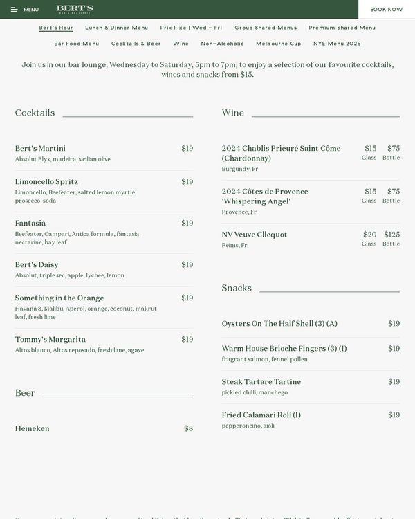 The top of the menu at Bert's