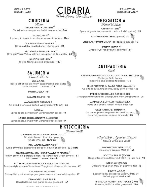 The first page of the menu at Cibaria