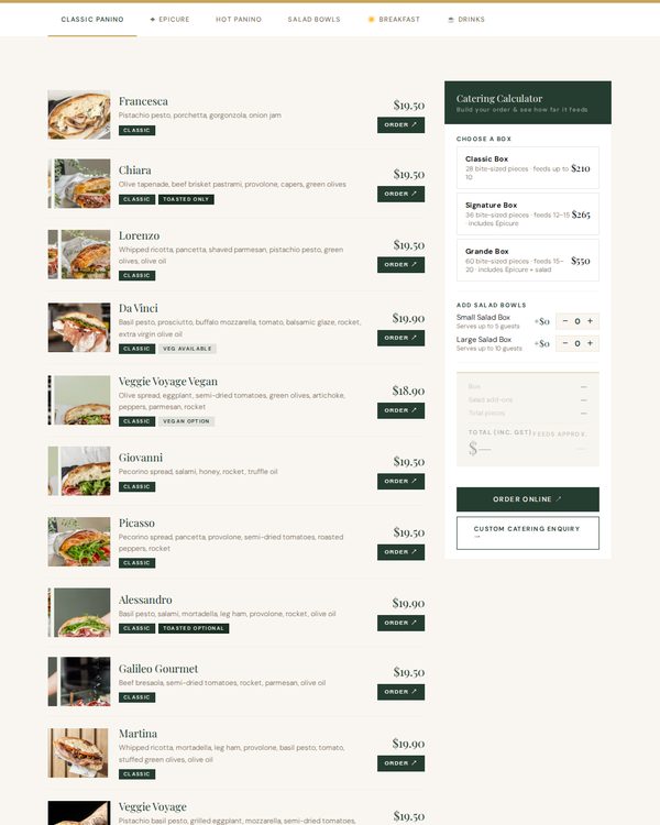 The top of the menu at Delisia Panino and Espresso