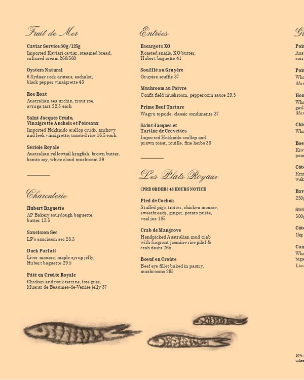 The first page of the menu at Restaurant Hubert
