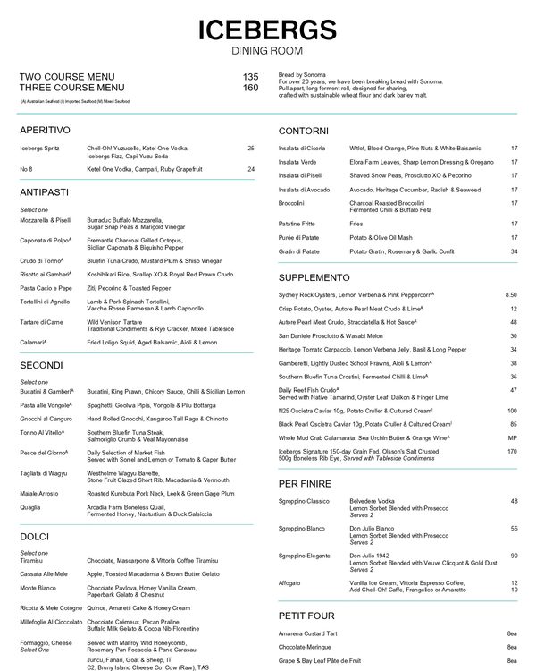 The first page of the menu at Icebergs Dining Room