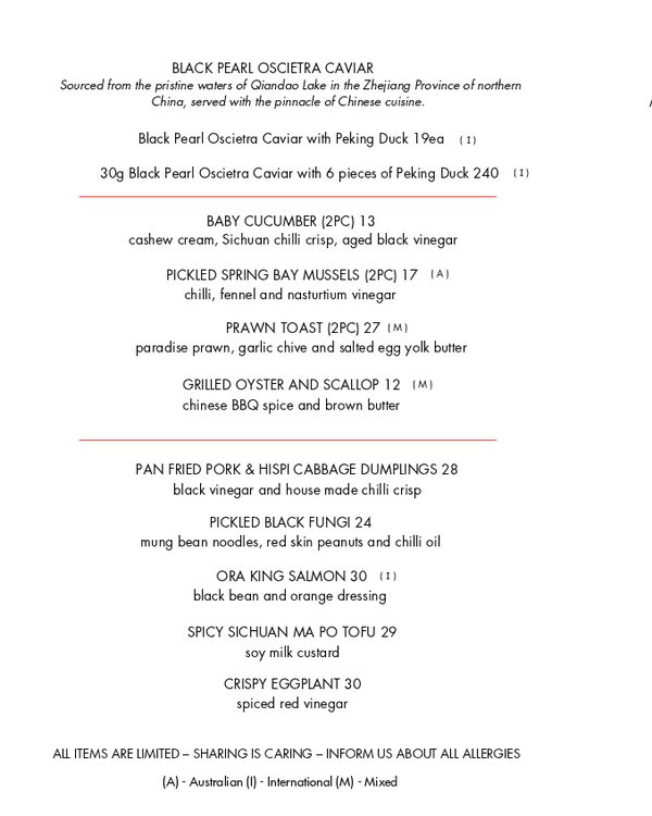 The first page of the menu at Lee Ho Fook