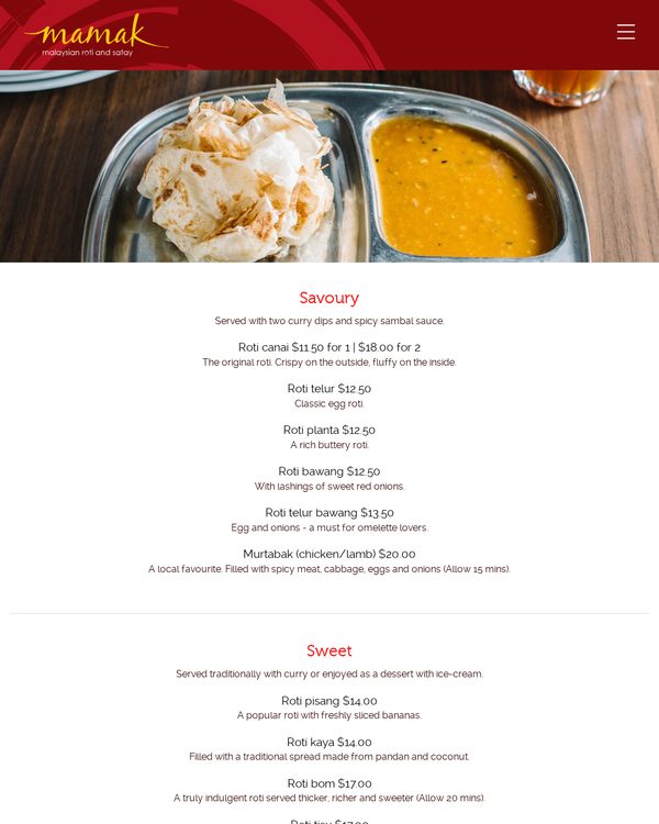 The top of the menu at Mamak