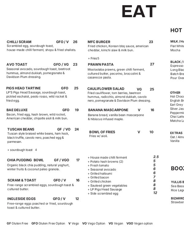 The first page of the menu at Mecca Coffee