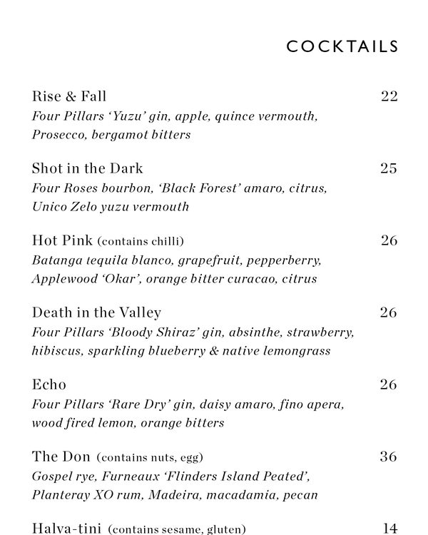 The first page of the menu at Nomad