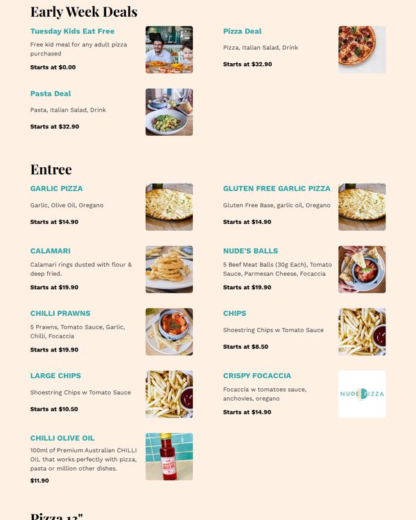 The top of the menu at Nude Pizza