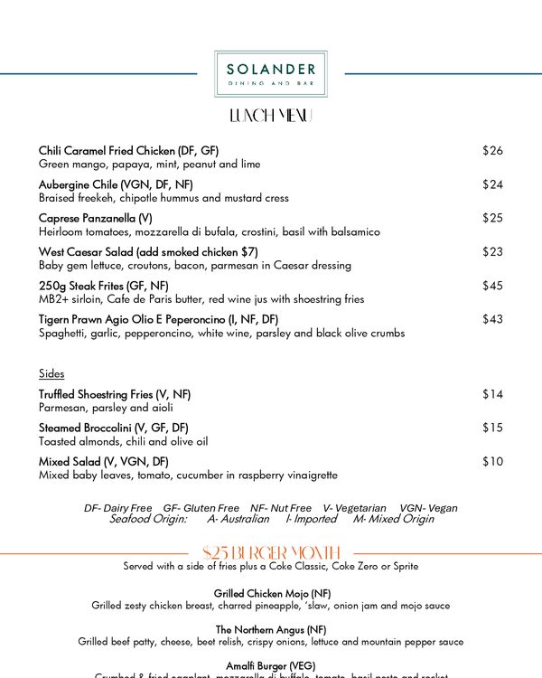The first page of the menu at Solander Dining and Bar
