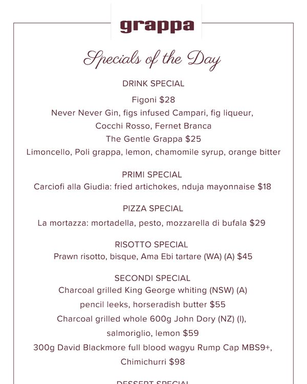 The first page of the menu at Grappa The Rocks