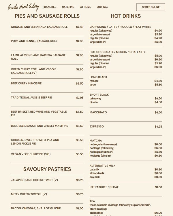The top of the menu at Bourke Street Sausage Roll