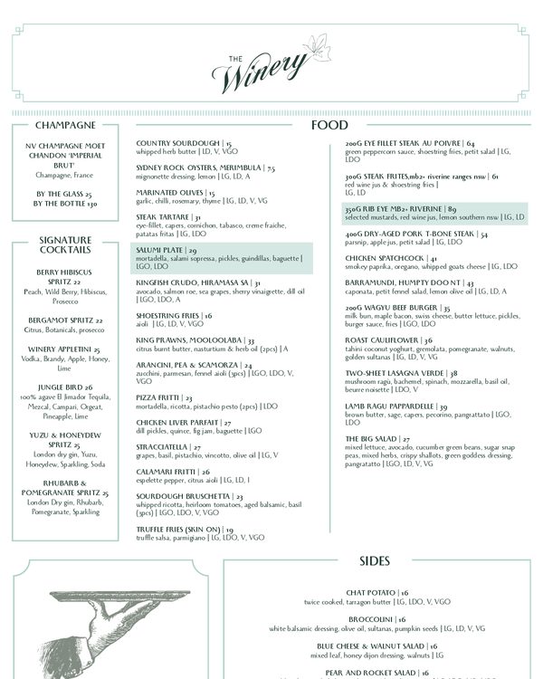 The first page of the menu at The Winery