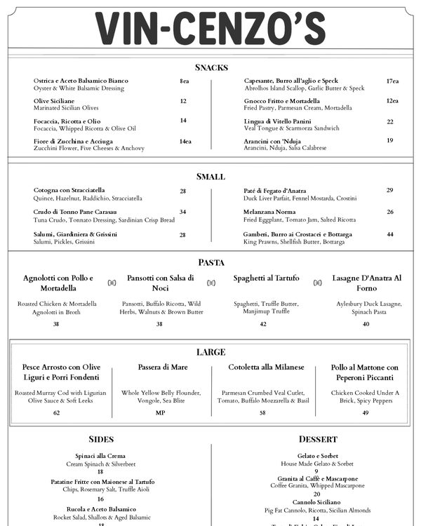 The first page of the menu at Vin-Cenzo's