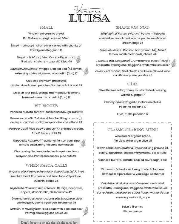 The first page of the menu at Vineria Luisa