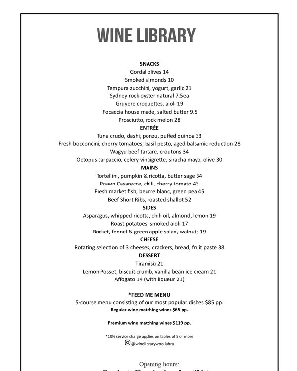 The first page of the menu at Wine Library
