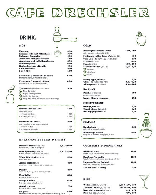 The first page of the menu at Cafe Drechsler