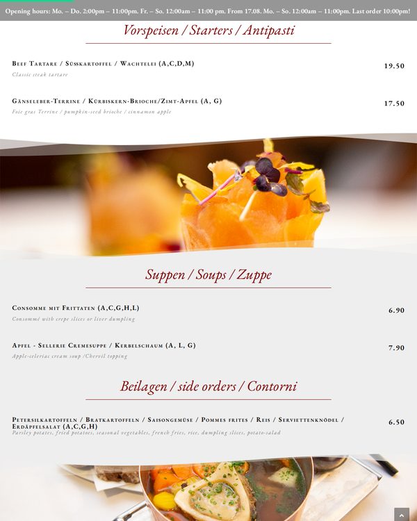 The top of the menu at Griechenbeisl