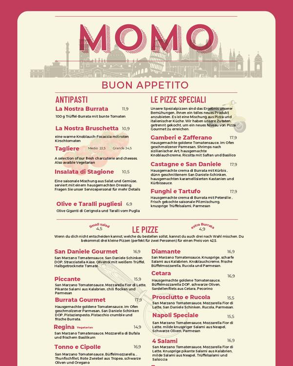 The first page of the menu at MOMO Pizza Gourmet