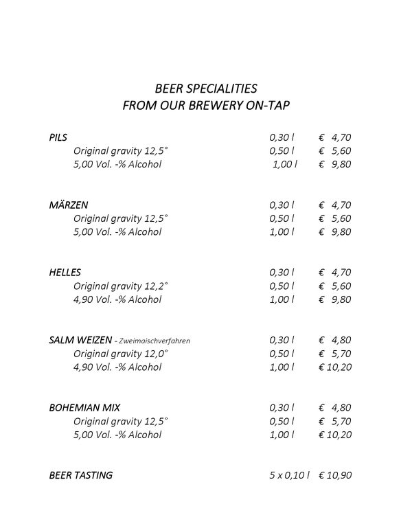 The first page of the menu at Salm Braeu
