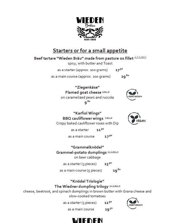 The first page of the menu at Wieden Braeu