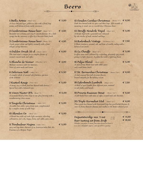The first page of the menu at Cambrinus