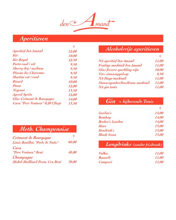 The first page of the menu at Den Amand