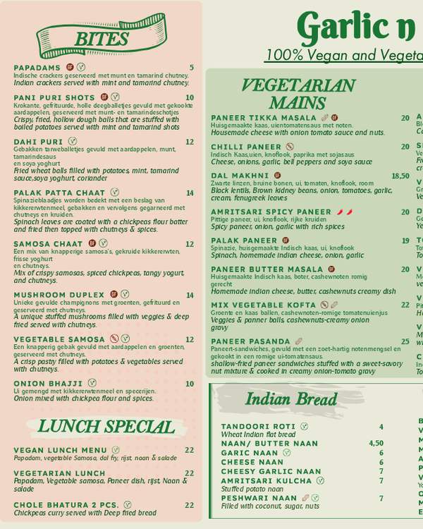 The first page of the menu at Garlic n Greens