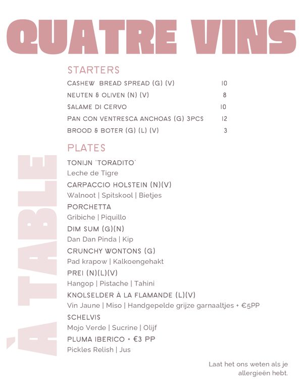 The first page of the menu at Quatre Vins