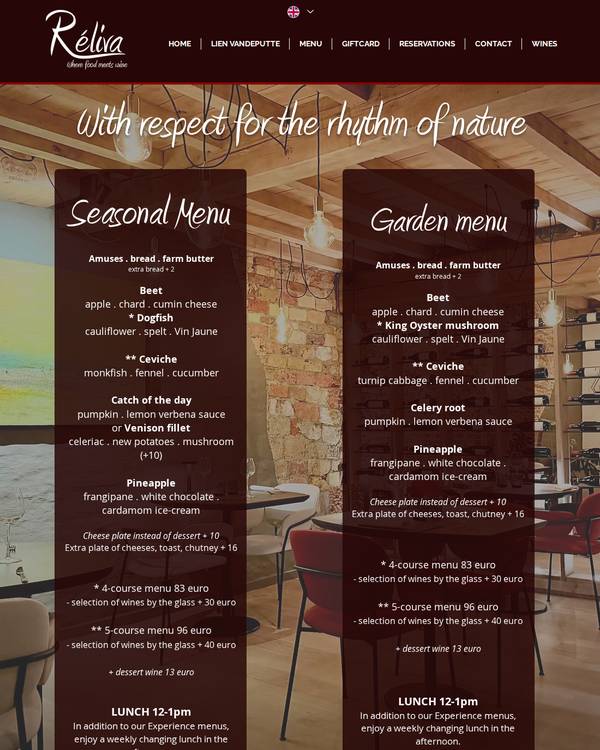 The top of the menu at Réliva