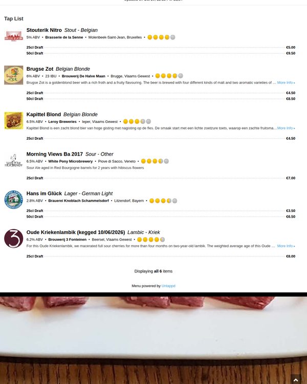 The top of the menu at 't Brugs Beertje