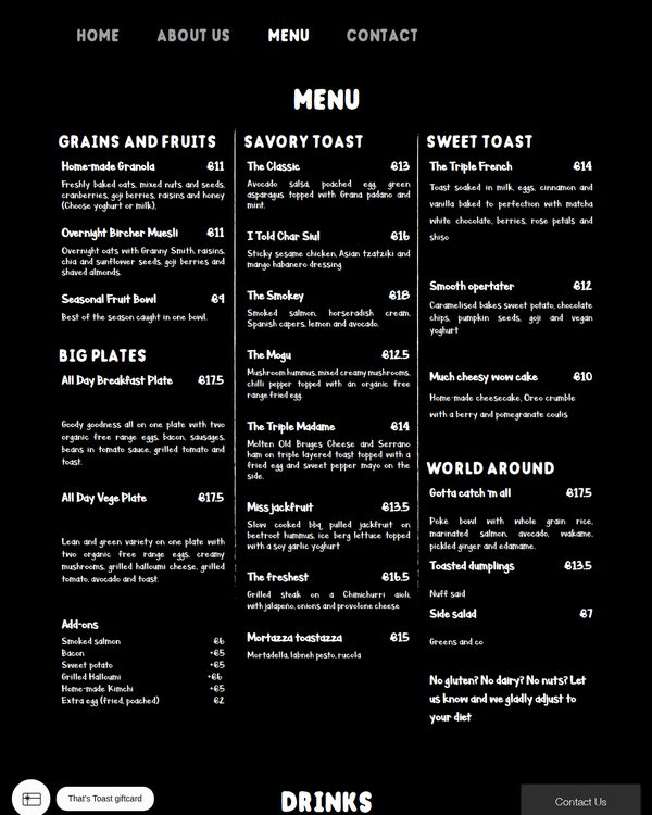 The top of the menu at That's Toast