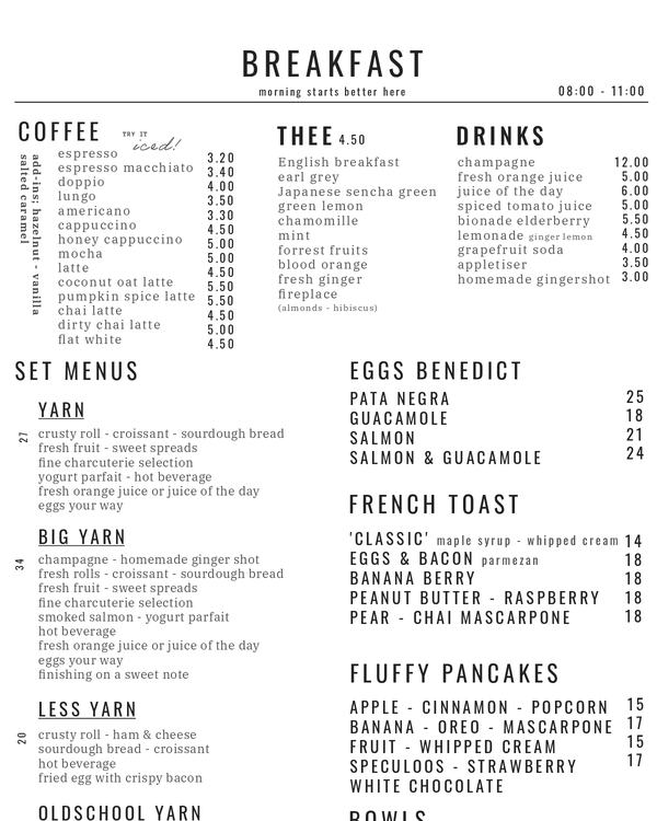 The first page of the menu at Yarn