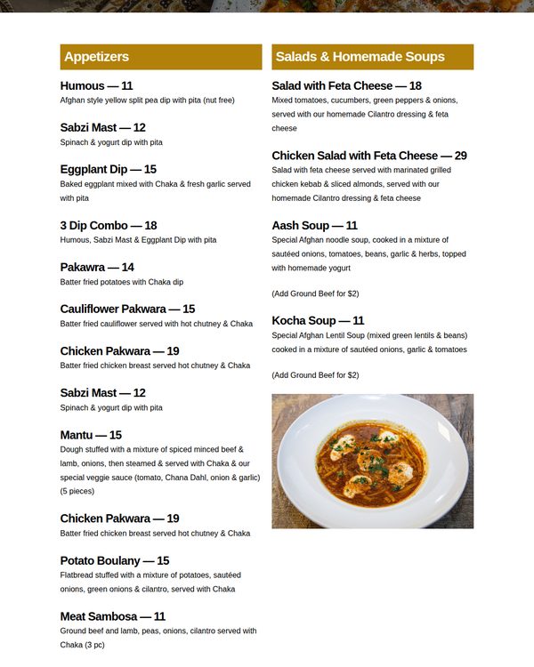 The top of the menu at Afghan Horsemen Restaurant