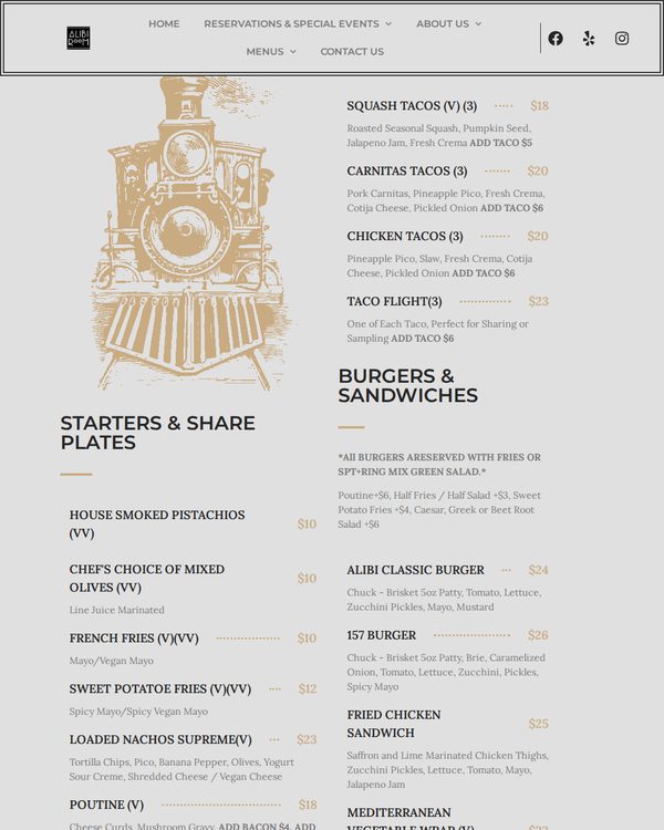 The top of the menu at Alibi Room