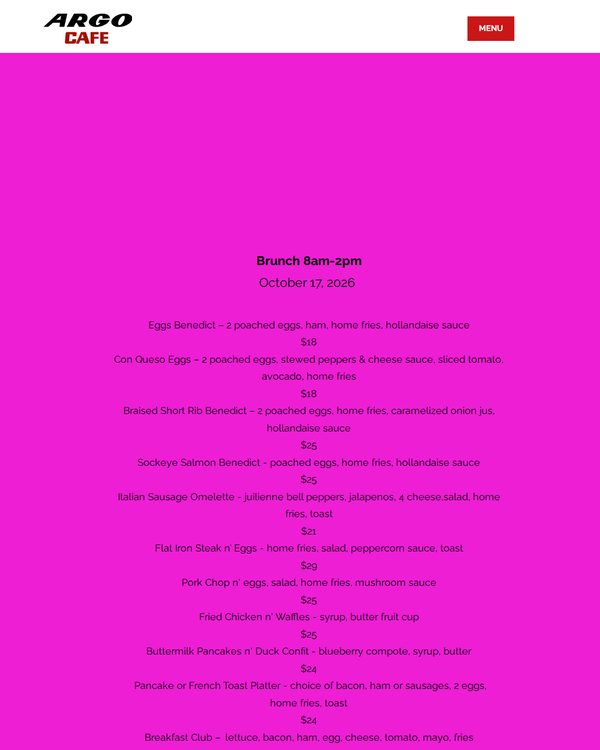 The top of the menu at Argo Cafe