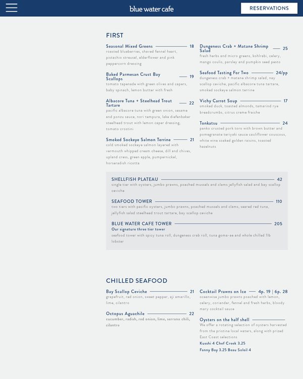 The top of the menu at Blue Water Cafe