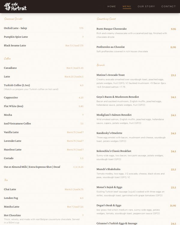 The top of the menu at Cafe Portrait