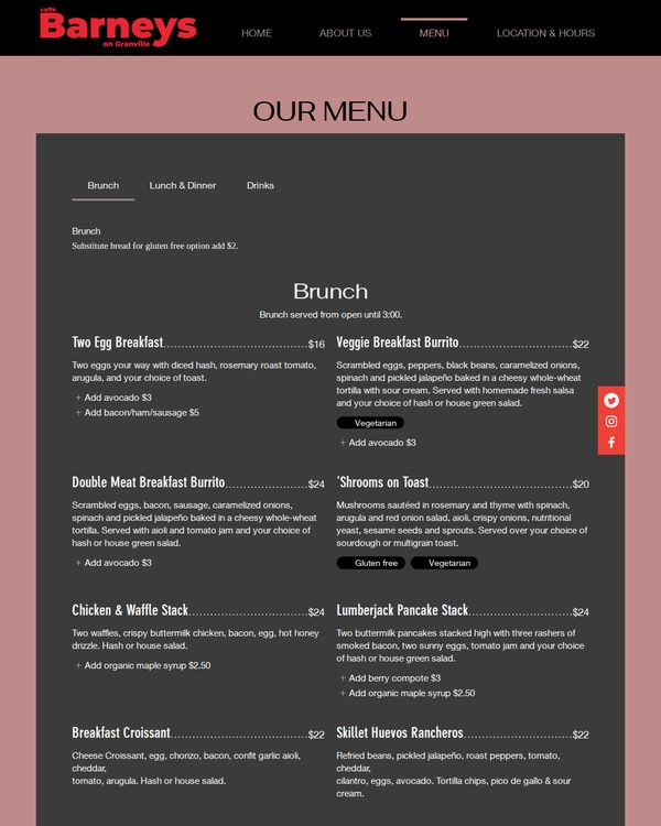 The top of the menu at Caffe Barney