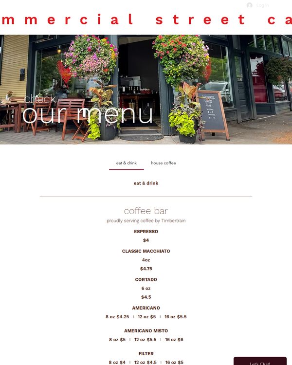 The top of the menu at Commercial Street Cafe