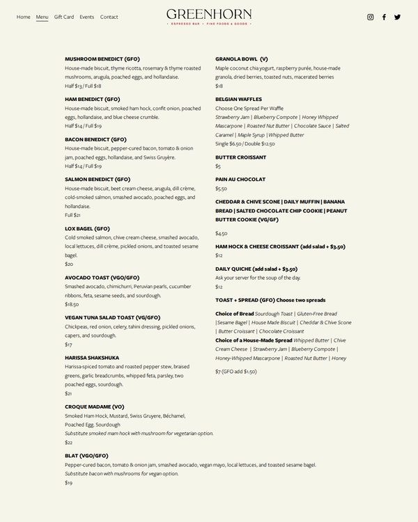 The top of the menu at Greenhorn Cafe