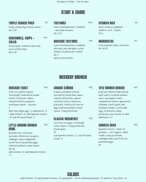 The top of the menu at Havana