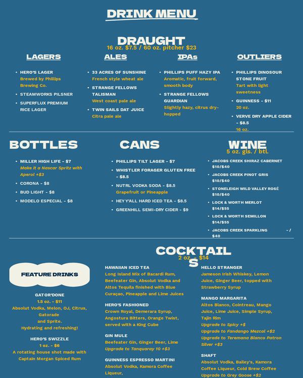 The top of the menu at Hero's Welcome