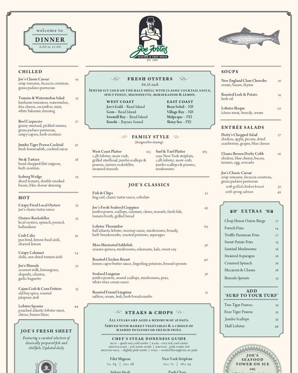 The first page of the menu at Joe Fortes Seafood & Chop House