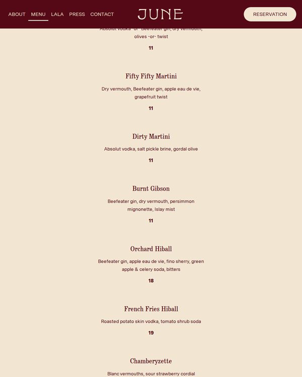 The top of the menu at June
