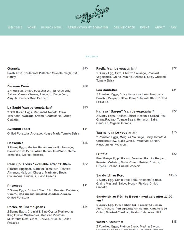 The top of the menu at Medina Cafe