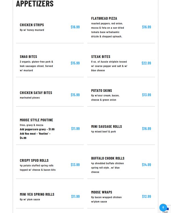 The top of the menu at Moose's Down Under