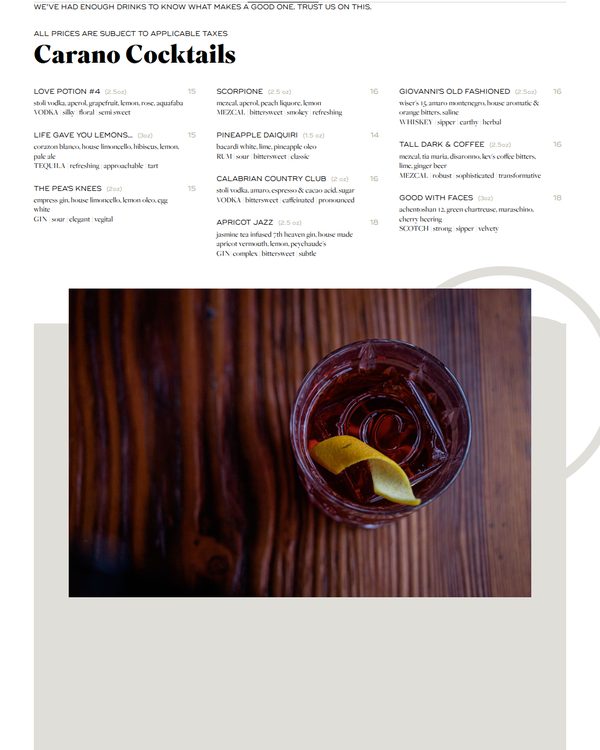 The top of the menu at Pizza Carano