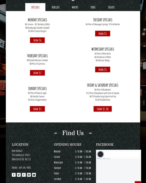 The top of the menu at Roxy Burger