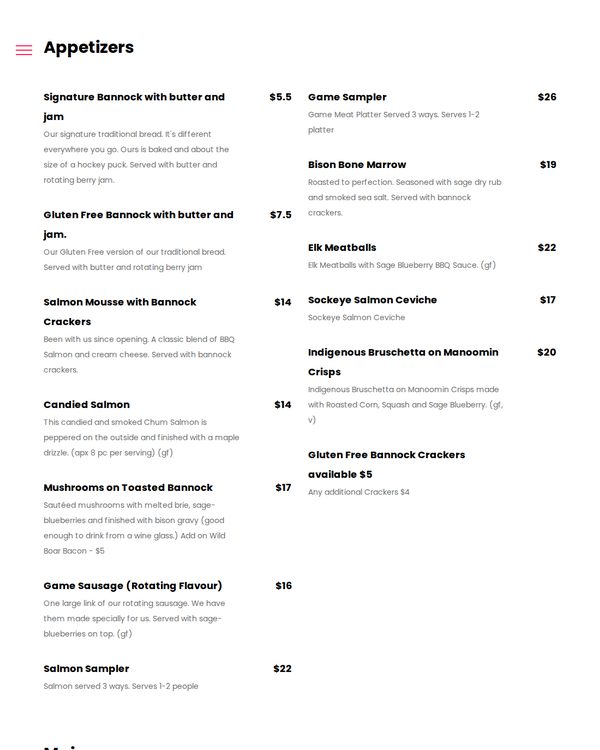 The top of the menu at Salmon n' Bannock Bistro
