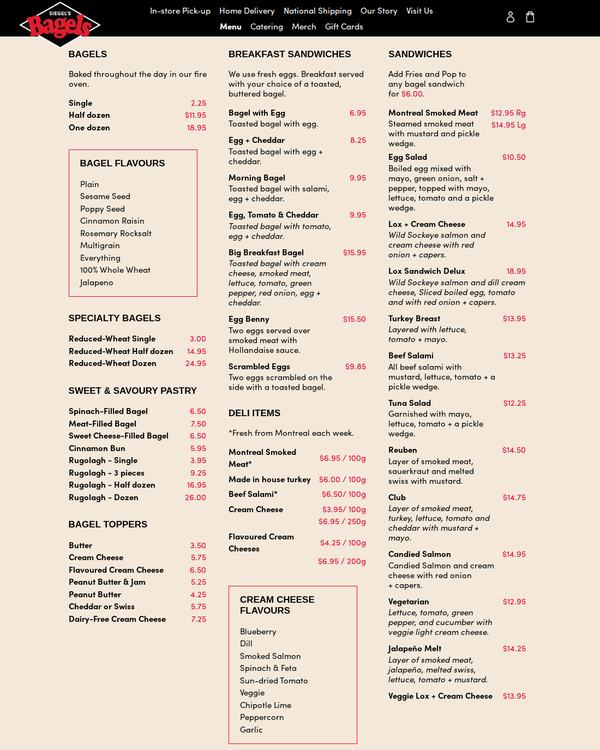 The top of the menu at Siegel's Bagels
