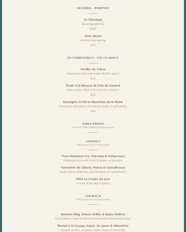 The top of the menu at St Lawrence