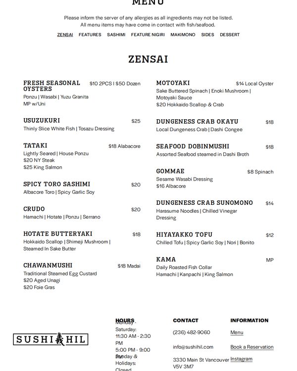 The top of the menu at Sushi Hil